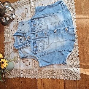 Maurice's Sleeveless Distressed Button-Up Jean Vest with Raw Hem